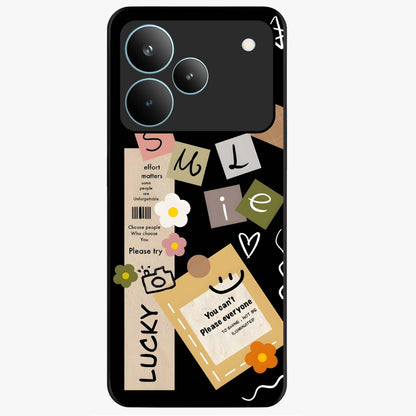 Lucky Aesthetic Collage Glass Case showing flat back view with trendy aesthetic collage artwork and glossy glass finish.