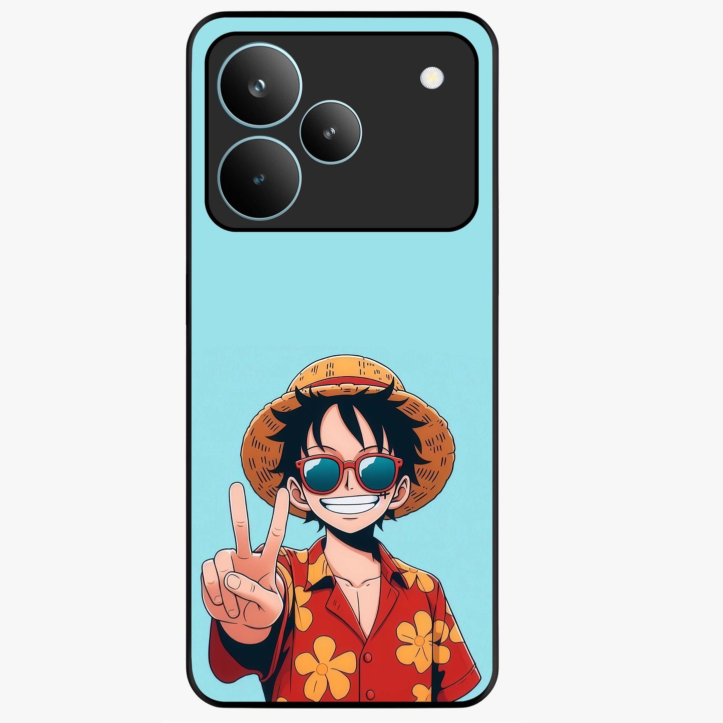 Luffy Summer Anime Vibe Glass Case showing flat back view with vibrant anime character artwork and glossy glass finish.