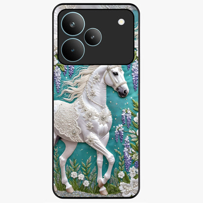 Majestic Floral Stallion Glass Case showing flat back view with powerful horse and floral artwork and glossy glass finish.