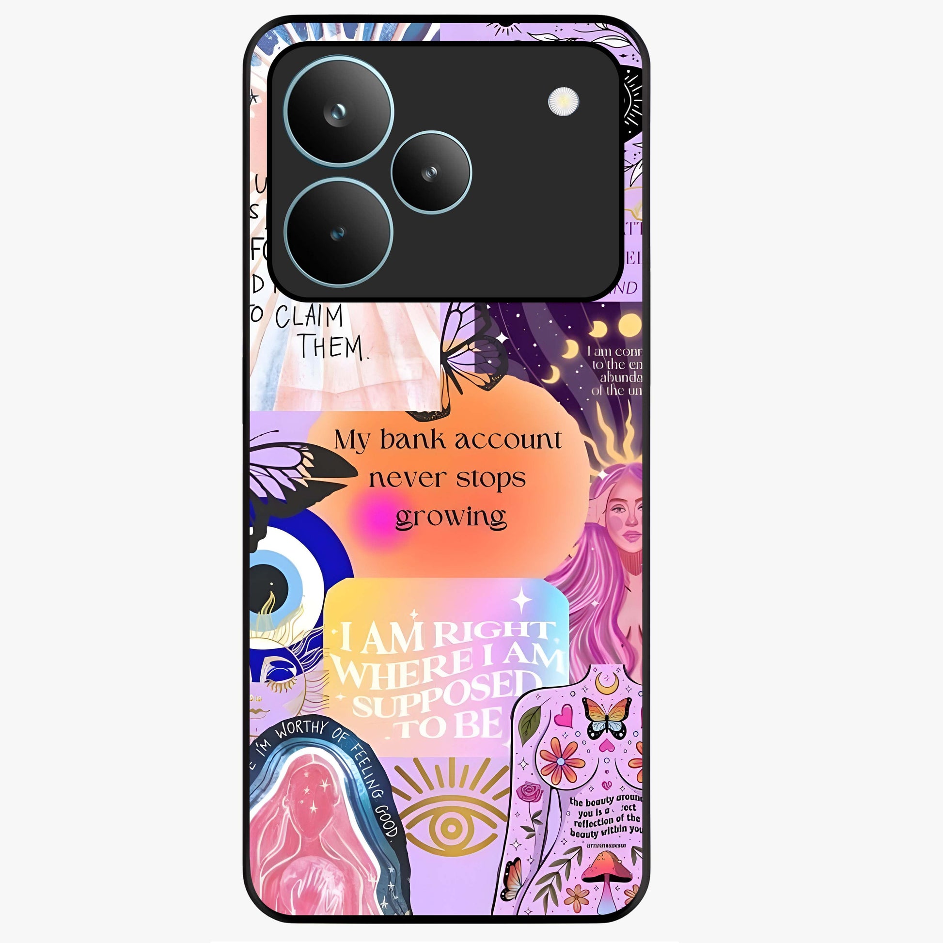 Manifestation Collage Glass Case showing flat back view with motivational collage artwork and glossy glass finish.