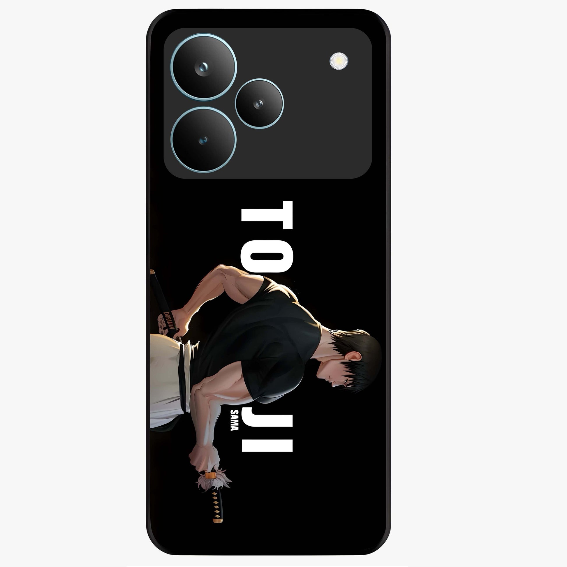 Midnight Blade Resolve Glass Case showing flat back view with dark warrior sword artwork and glossy glass finish.