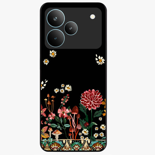 Midnight Bloom Pattern Glass Case showing flat back view with dark floral pattern artwork and glossy glass finish.