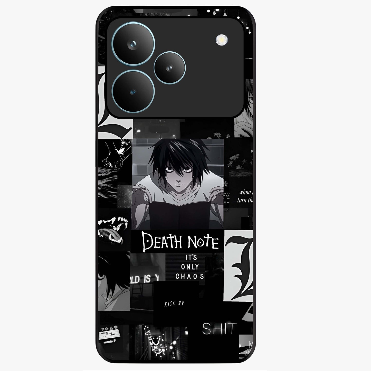 Midnight Chaos Mind Glass Case showing flat back view with abstract dark themed artwork and glossy glass finish.