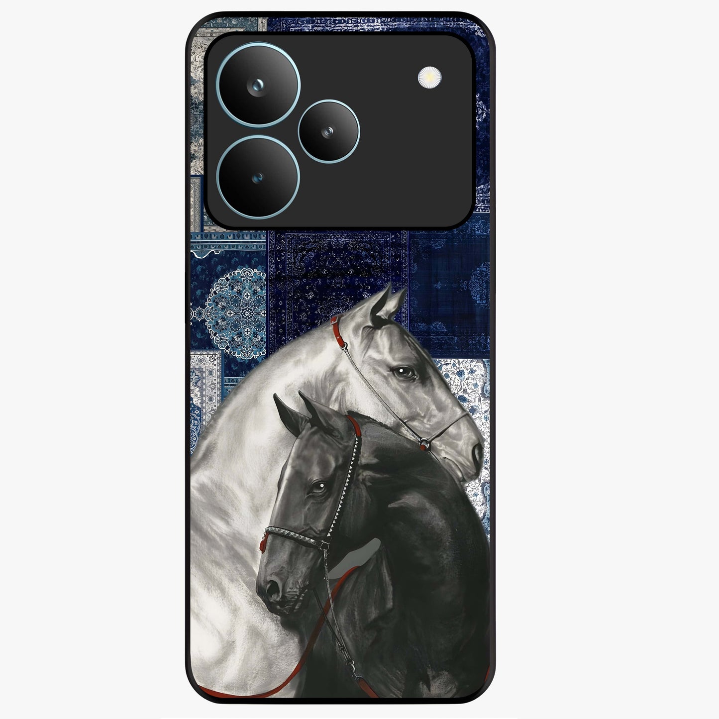 Midnight Stallion Blues Glass Case showing flat back view with majestic horse artwork and glossy glass finish.