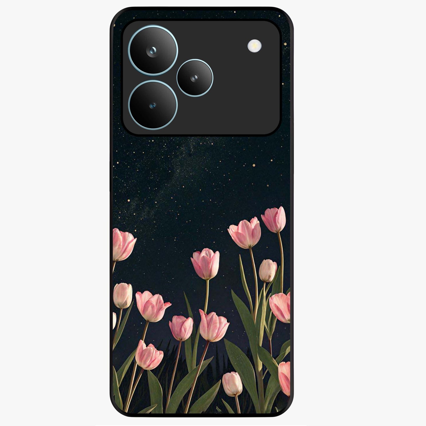Midnight Tulip Whispers Vibe Glass Case showing flat back view with elegant tulip flower artwork and glossy glass finish.