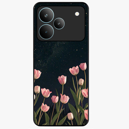 Midnight Tulip Whispers Vibe Glass Case showing flat back view with elegant tulip flower artwork and glossy glass finish.