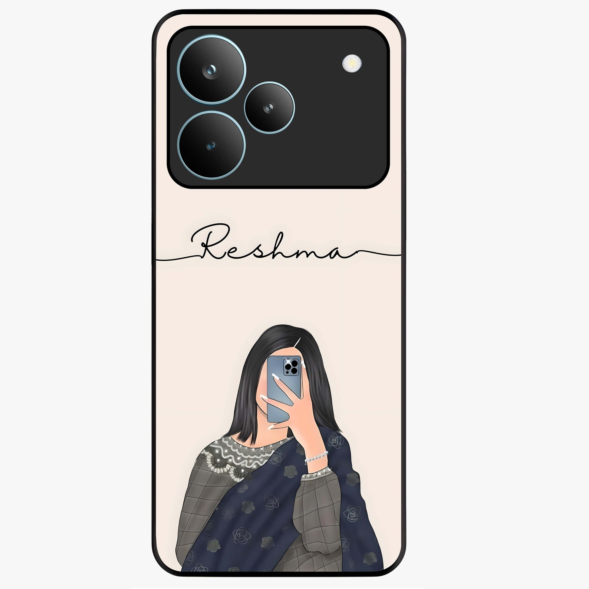 Mirror Mood Muse With Custom Name Glass Case showing flat back view with stylish mirrored artwork and personalized name design.