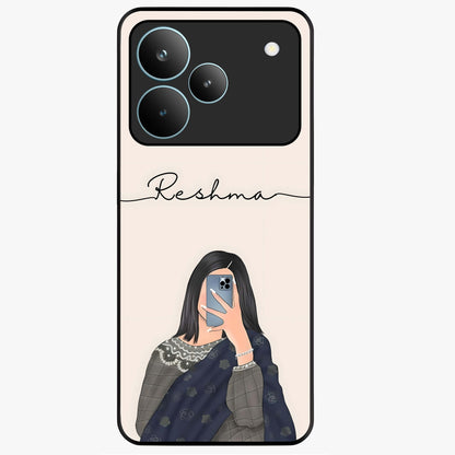 Mirror Mood Muse With Custom Name Glass Case showing flat back view with stylish mirrored artwork and personalized name design.