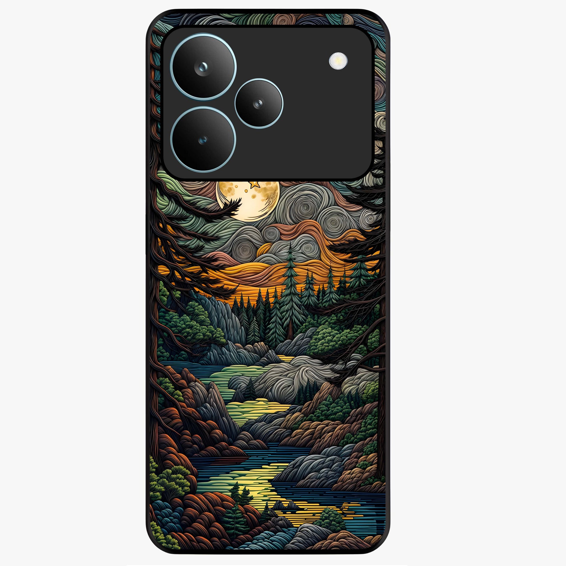 Moonlight Forest Dream Glass Case showing flat back view with mystical forest moonlight artwork and glossy glass finish.