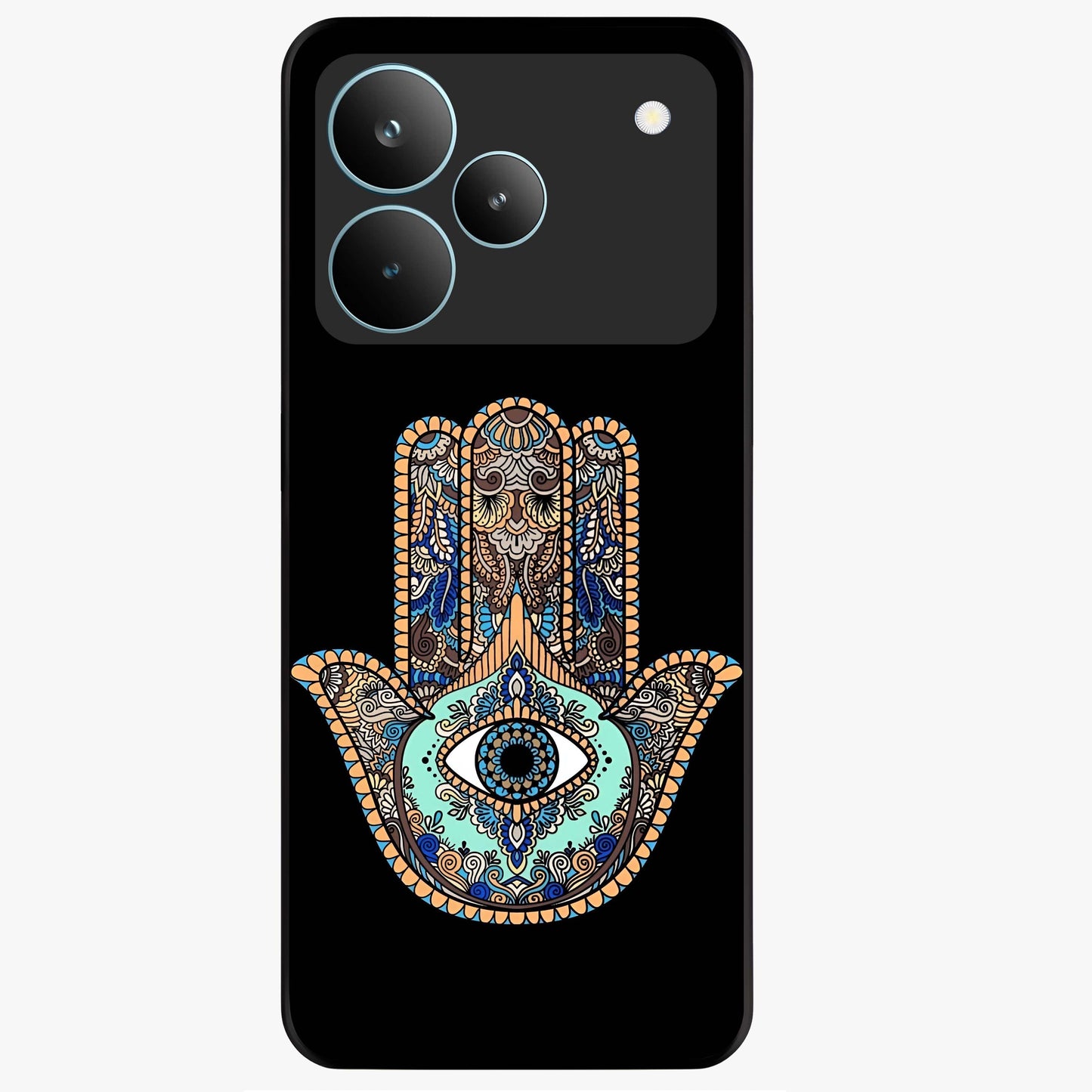 Mystic Hamsa Eye Glass Case showing flat back view with protective hamsa hand and evil eye artwork and glossy glass finish.