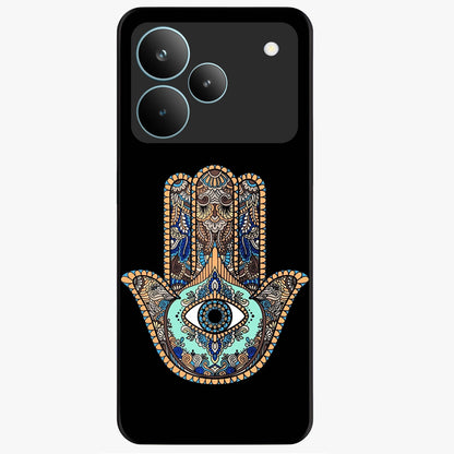 Mystic Hamsa Eye Glass Case showing flat back view with protective hamsa hand and evil eye artwork and glossy glass finish.