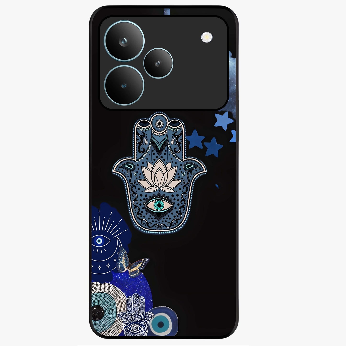 Mystic Hand Aura Glass Case showing flat back view with mystical hand symbol artwork and glossy glass finish.