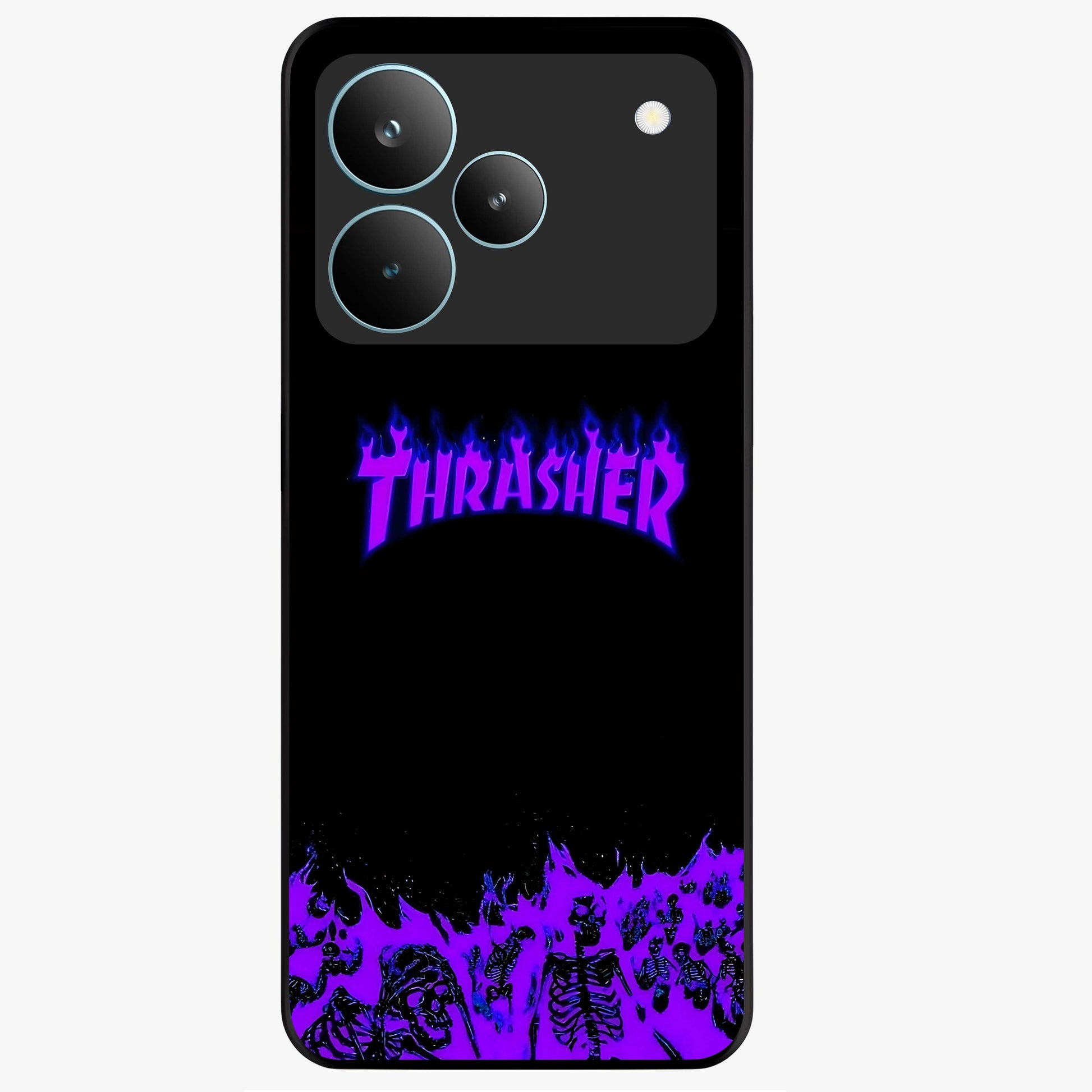Neon Flame Riot Glass Case showing flat back view with neon flame artwork and glossy glass finish.