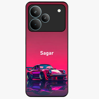 Neon Pink Porsche Glass Case showing flat back view with stylish sports car artwork and glossy glass finish.