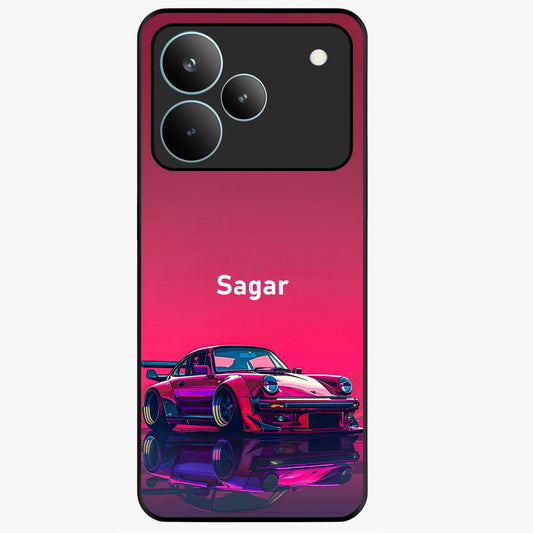 Neon Pink Porsche Glass Case showing flat back view with stylish sports car artwork and glossy glass finish.