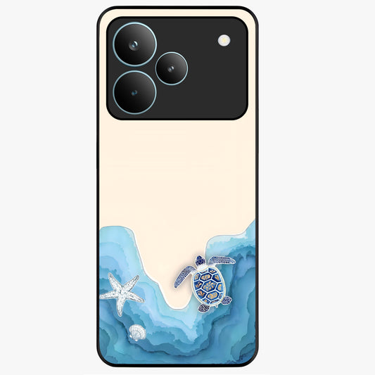 Ocean Drift Turtle Glass Case showing flat back view with sea turtle artwork and glossy glass finish.