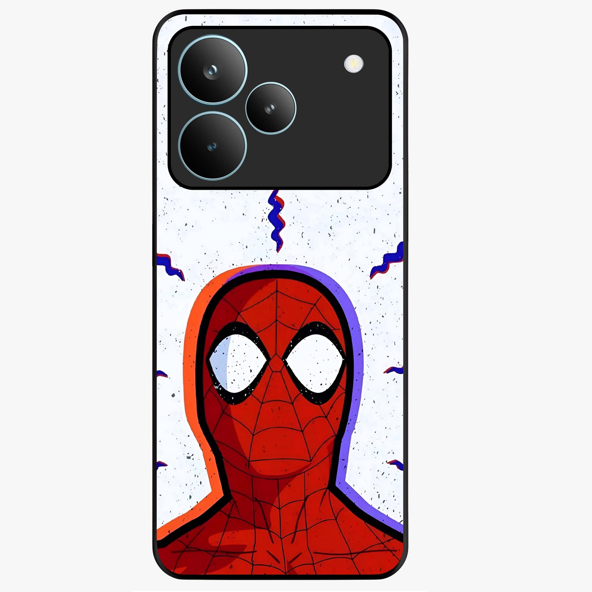 Omg Spiderman Glass Case showing flat back view with bold superhero inspired artwork and glossy glass finish.