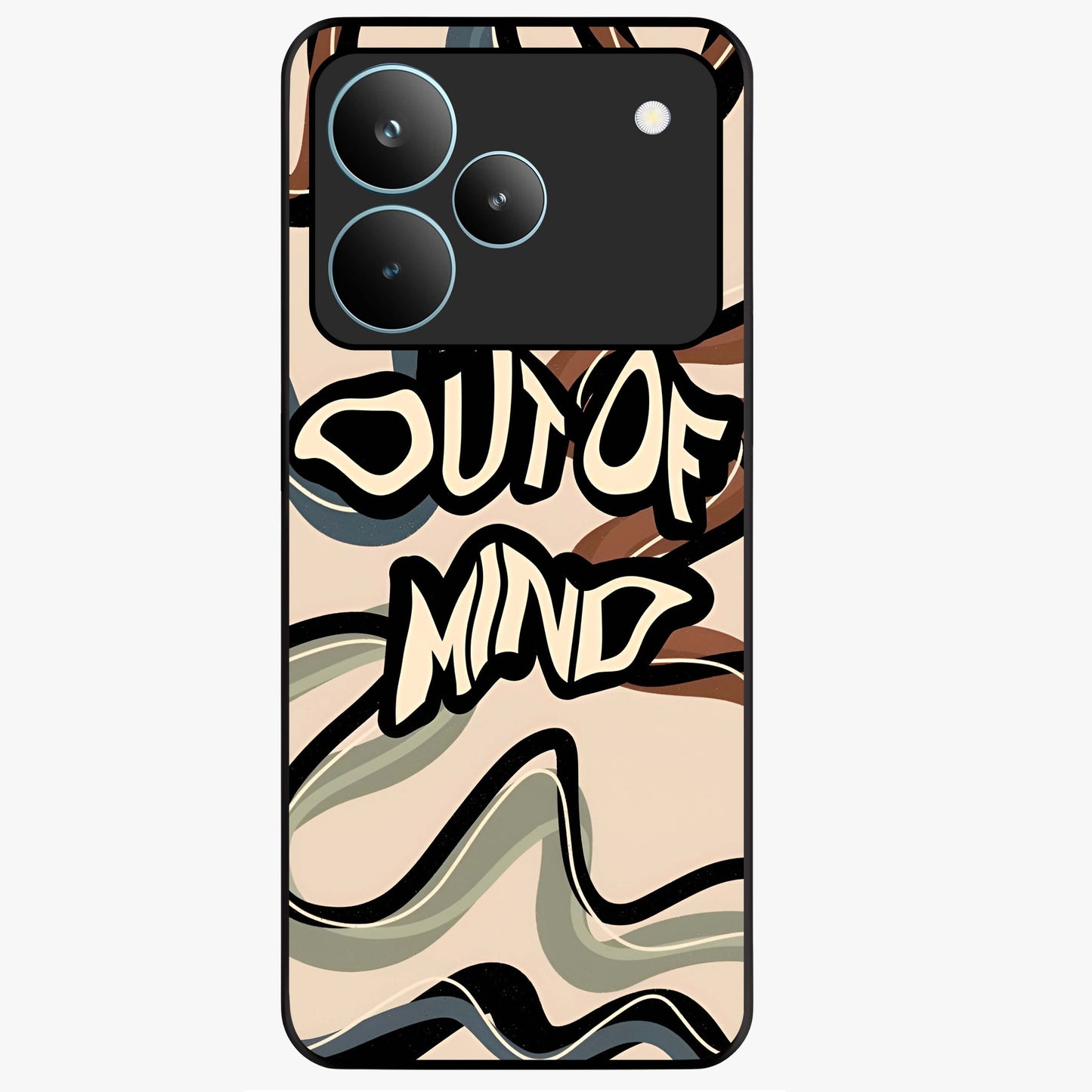 Out Of Mind Glass Case showing flat back view with expressive typography artwork and glossy glass finish.