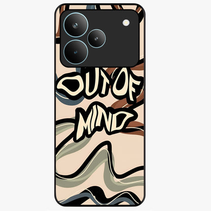 Out Of Mind Glass Case showing flat back view with expressive typography artwork and glossy glass finish.