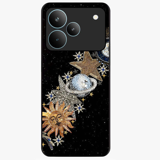 Pearls Universe Object Glass Case showing flat back view with pearl inspired cosmic artwork and glossy glass finish.