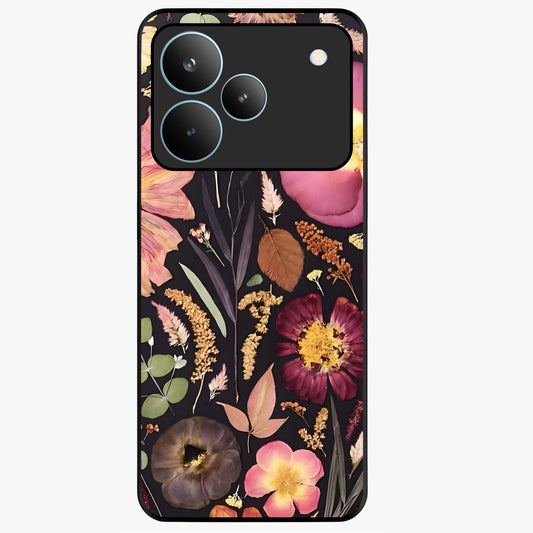 Petal Dream Tapestry Glass Case showing flat back view with intricate floral tapestry artwork and glossy glass finish.