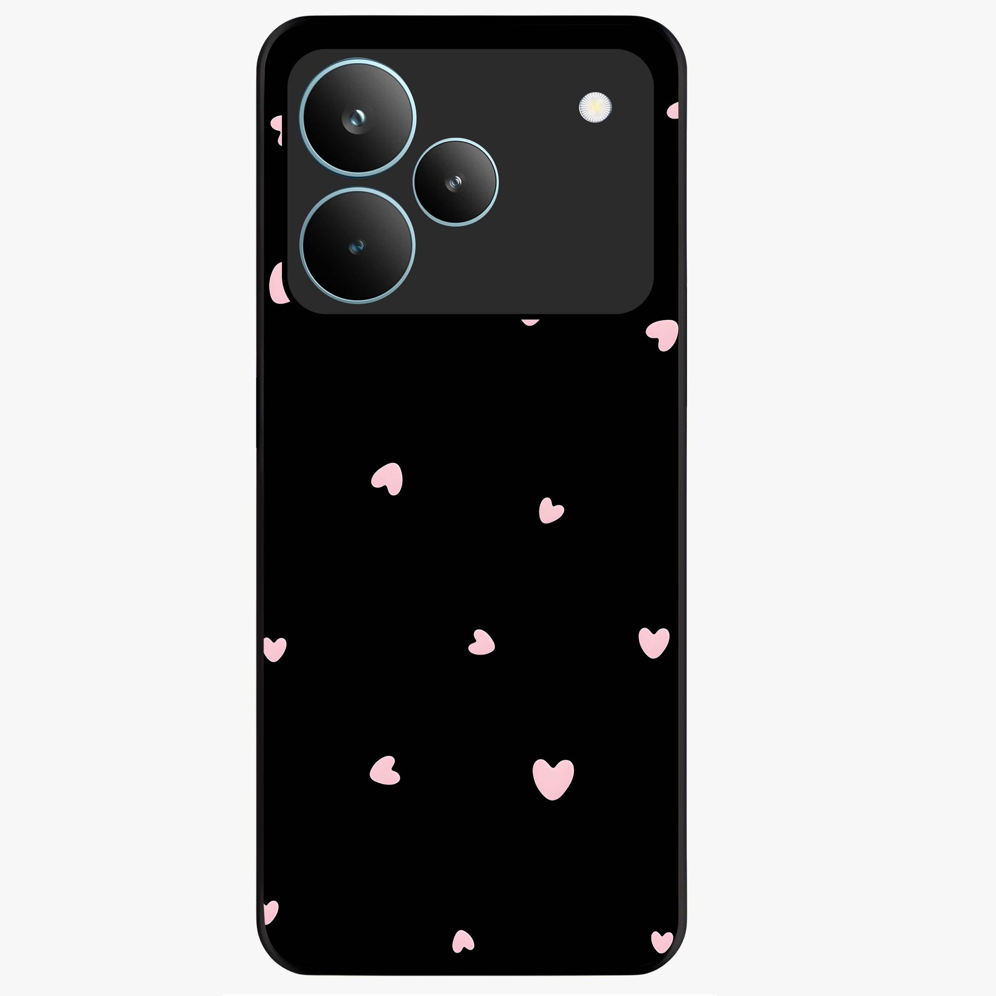 Pink Love Drops Glass Case showing flat back view with playful pink heart drops artwork and glossy glass finish.