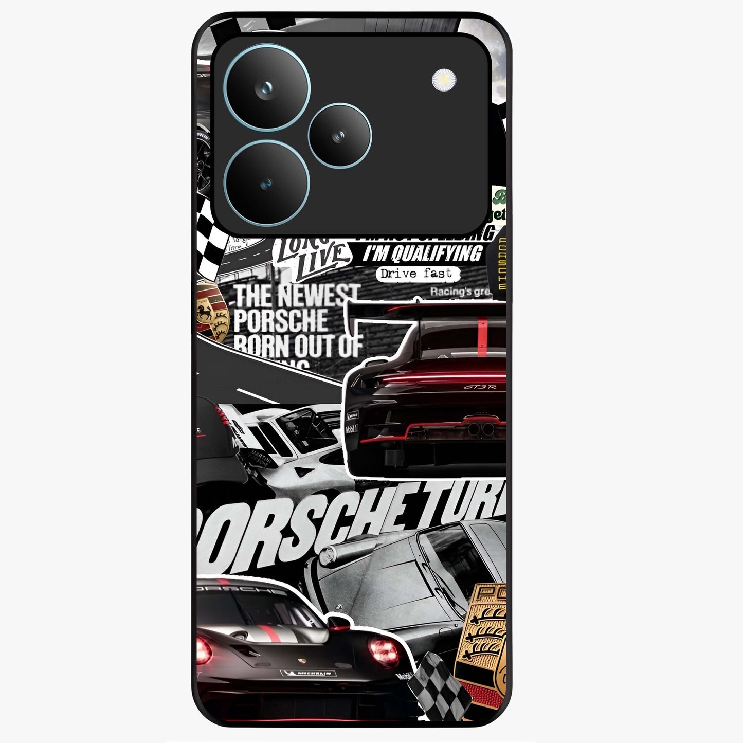 Porsche Racing Collage Glass Case showing flat back view with sports car racing collage artwork and glossy glass finish.