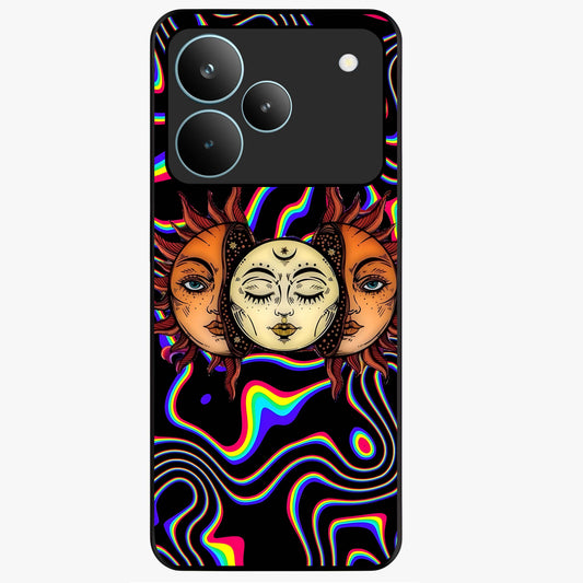 Psychedelic Sun Glass Case showing flat back view with colorful psychedelic sun artwork and glossy glass finish.