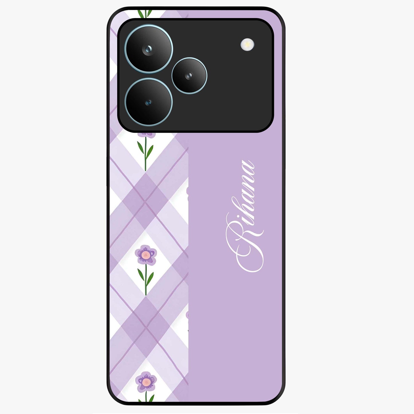 Purple Diamond Floral Glass Case showing flat back view with diamond shaped floral artwork and glossy glass finish.