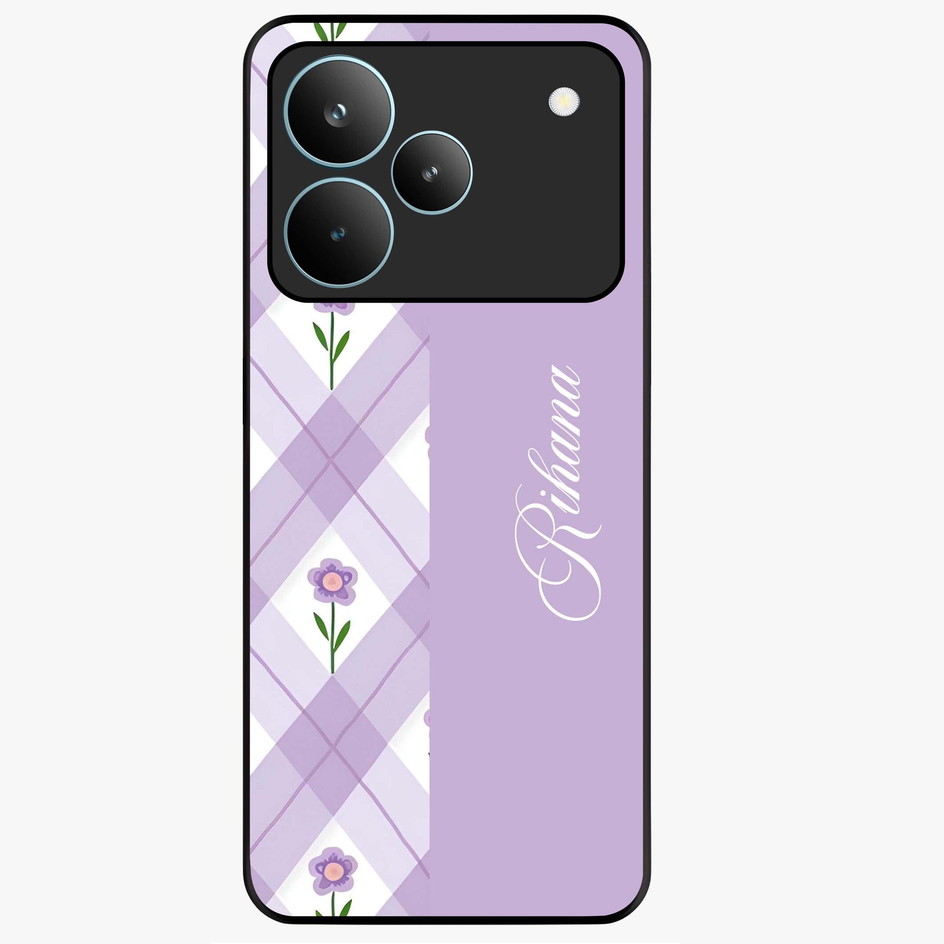 Purple Diamond Floral Glass Case showing flat back view with diamond shaped floral artwork and glossy glass finish.