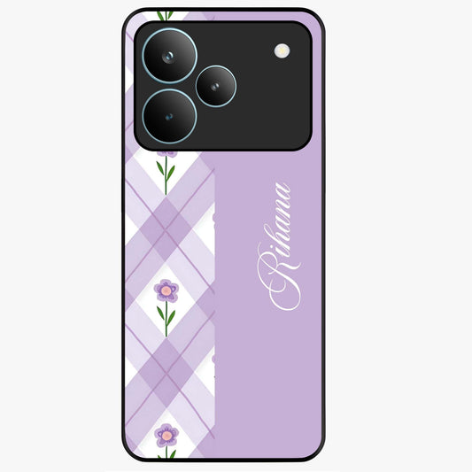 Purple Diamond Floral Glass Case showing flat back view with diamond shaped floral artwork and glossy glass finish.
