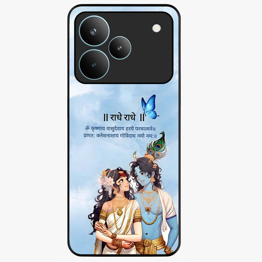 Radha Krishna Eternal Glass Case showing flat back view with Radha Krishna devotional artwork and glossy glass finish.