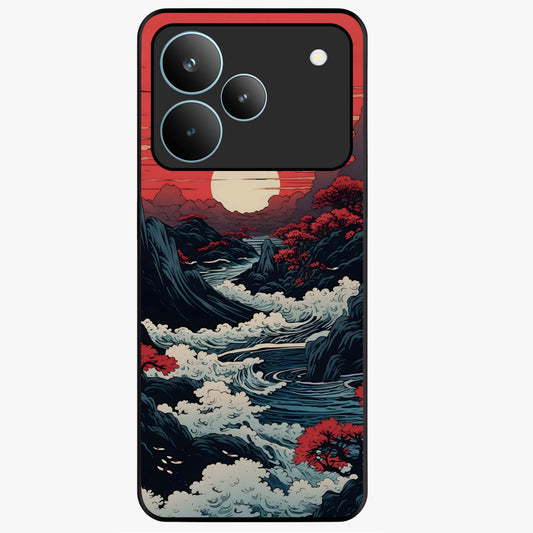 Red Sunset Scenery Glass Case showing flat back view with vibrant sunset landscape artwork and glossy glass finish.