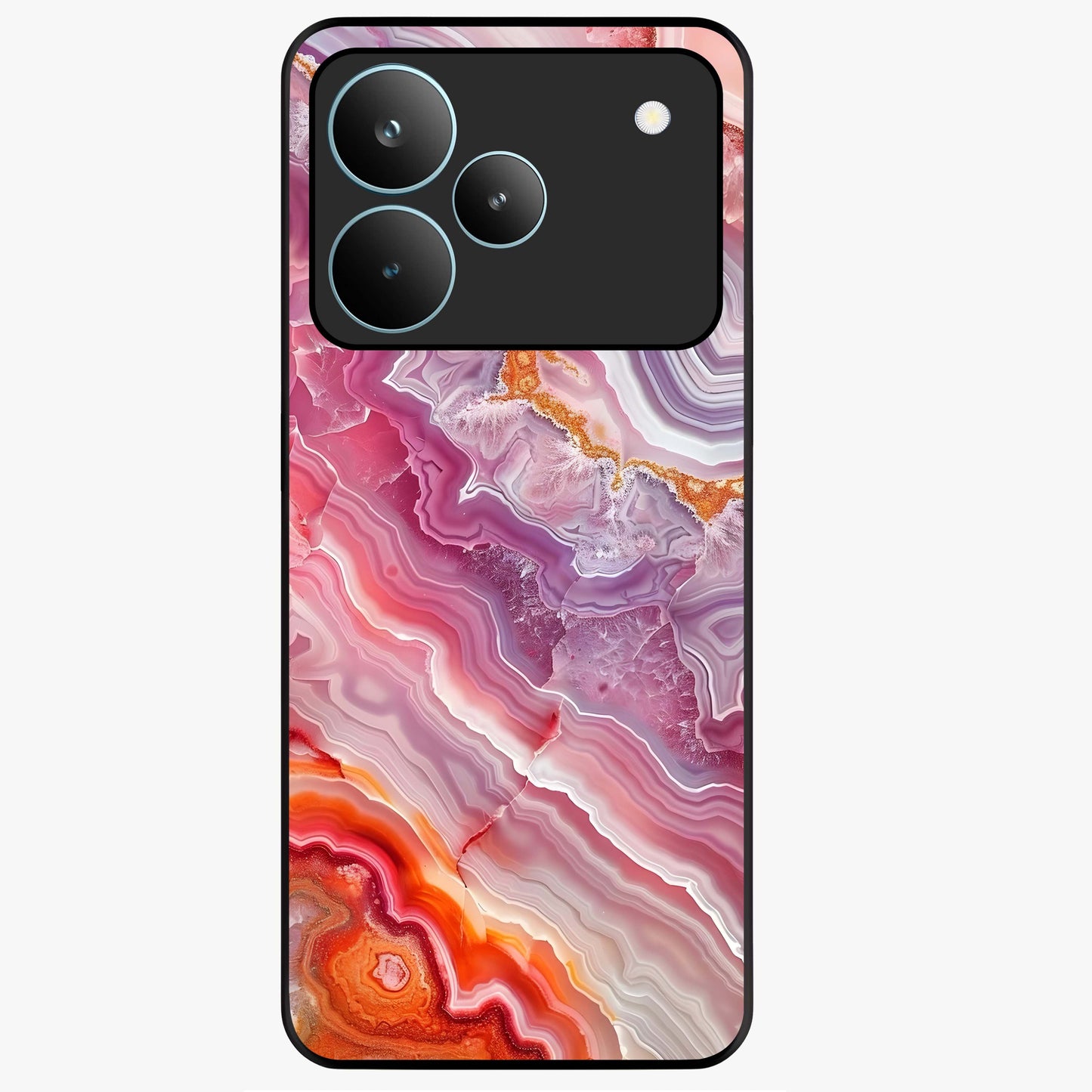 Rose Quartz Marble Glass Case showing flat back view with pink marble quartz texture artwork and glossy glass finish.