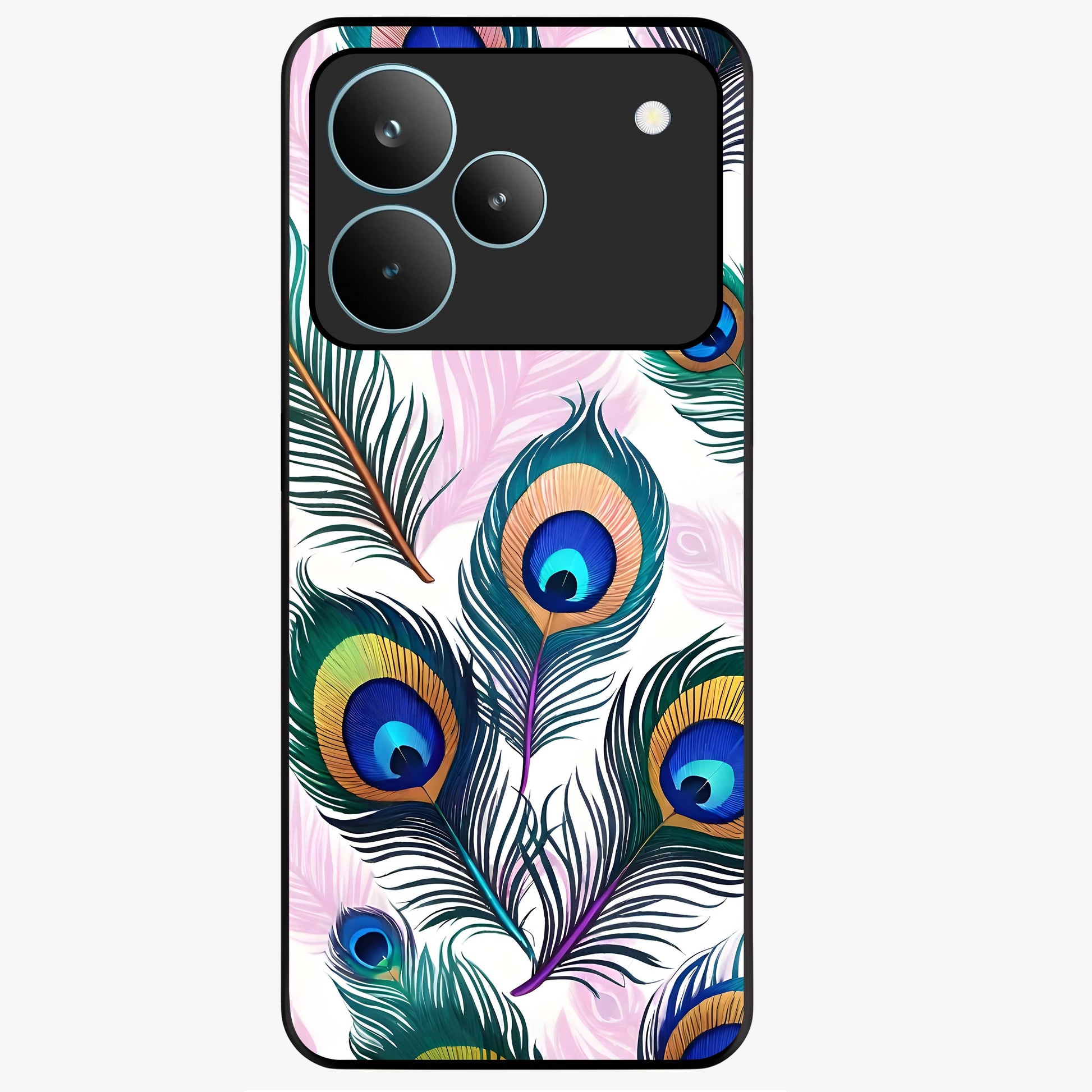 Royal Peacock Feathers Glass Case showing flat back view with colorful peacock feather artwork and glossy glass finish.