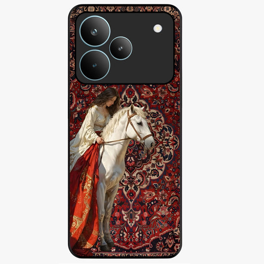 Royal Rider Tapestry Glass Case showing flat back view with majestic horse rider tapestry artwork and glossy glass finish.