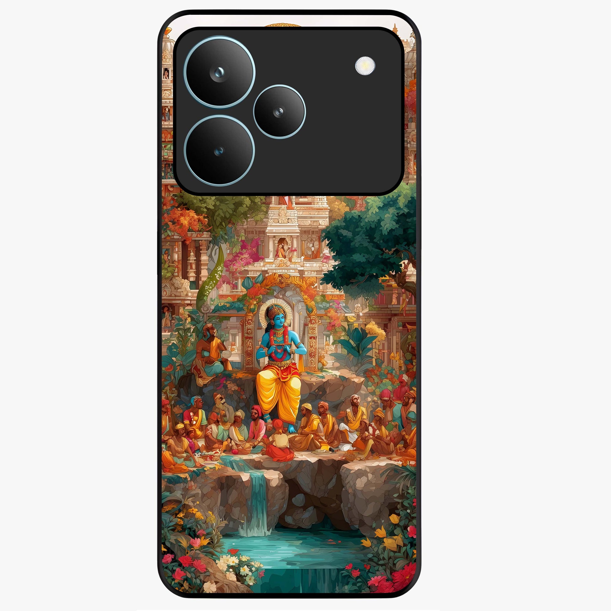 Sacred Sunlight Gods Glass Case showing flat back view with divine sunlight themed artwork and glossy glass finish.