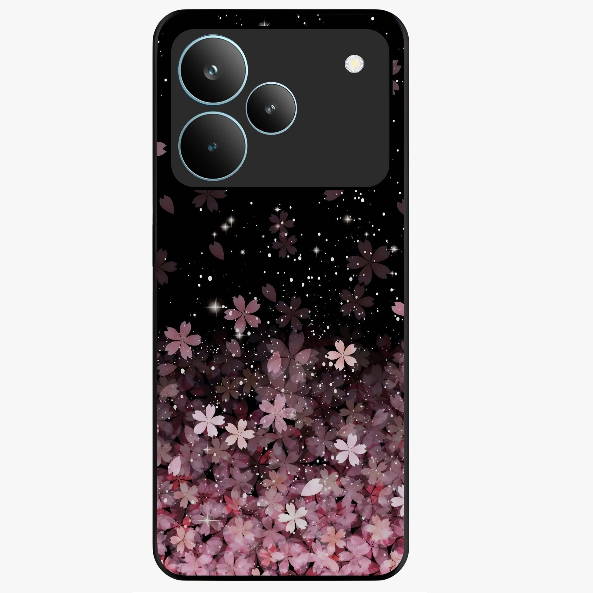 Small Starry Flowers Glass Case showing flat back view with delicate starry floral artwork and glossy glass finish.