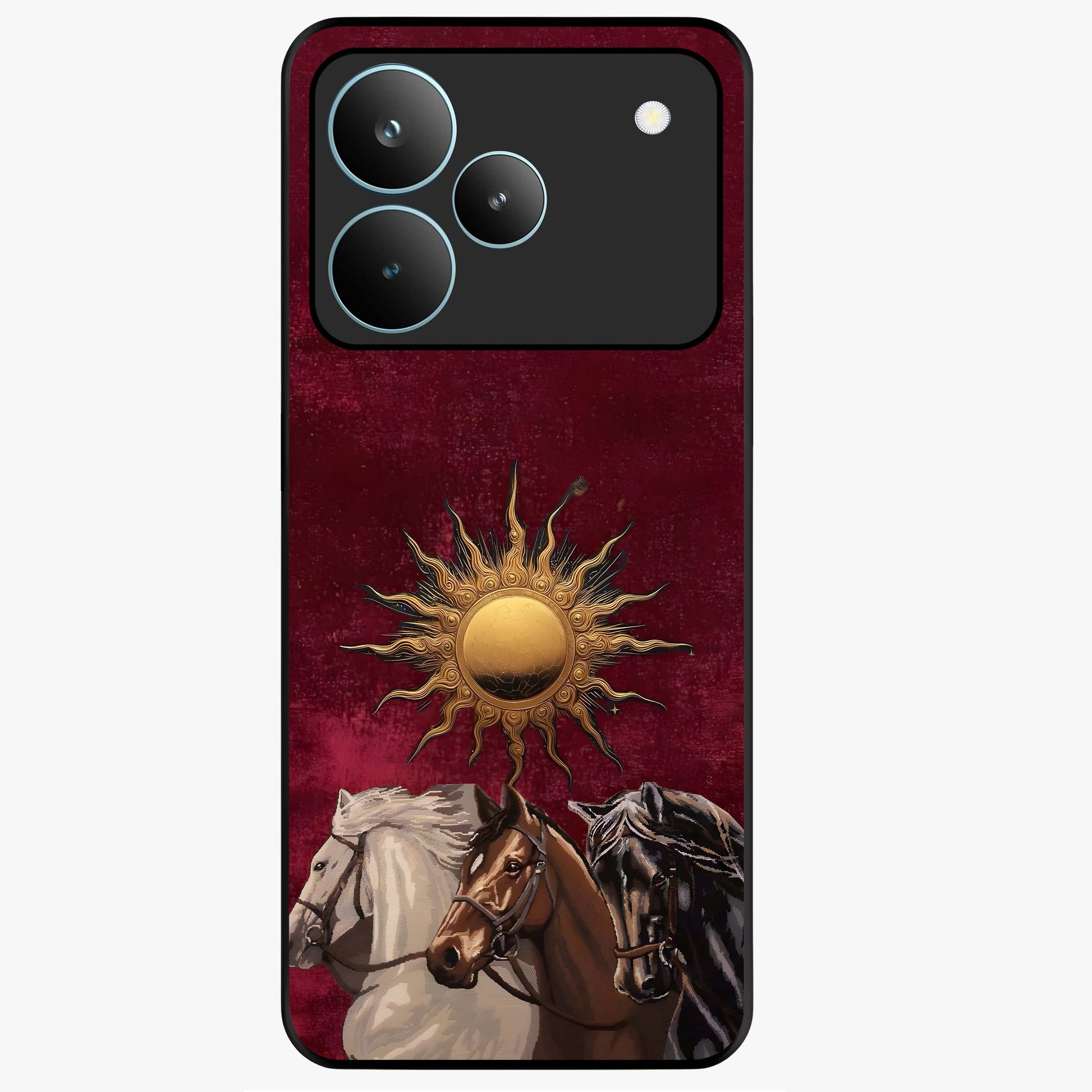 Solar Riders Glass Case showing flat back view with dynamic rider themed artwork and glossy glass finish.