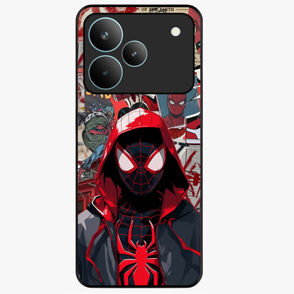 Spider Collage Street Glass Case showing flat back view with vibrant superhero collage artwork and glossy glass finish.
