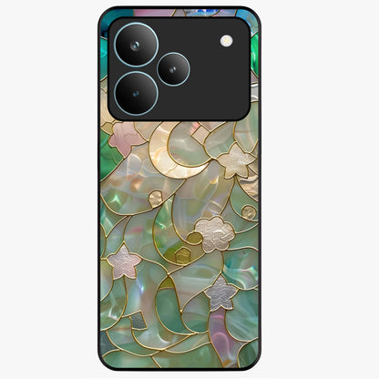 Stained Sunrise Glow Glass Case showing flat back view with glowing sunrise stained pattern artwork and glossy glass finish.