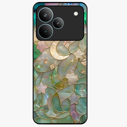 Stained Sunrise Glow Glass Case showing flat back view with glowing sunrise stained pattern artwork and glossy glass finish.