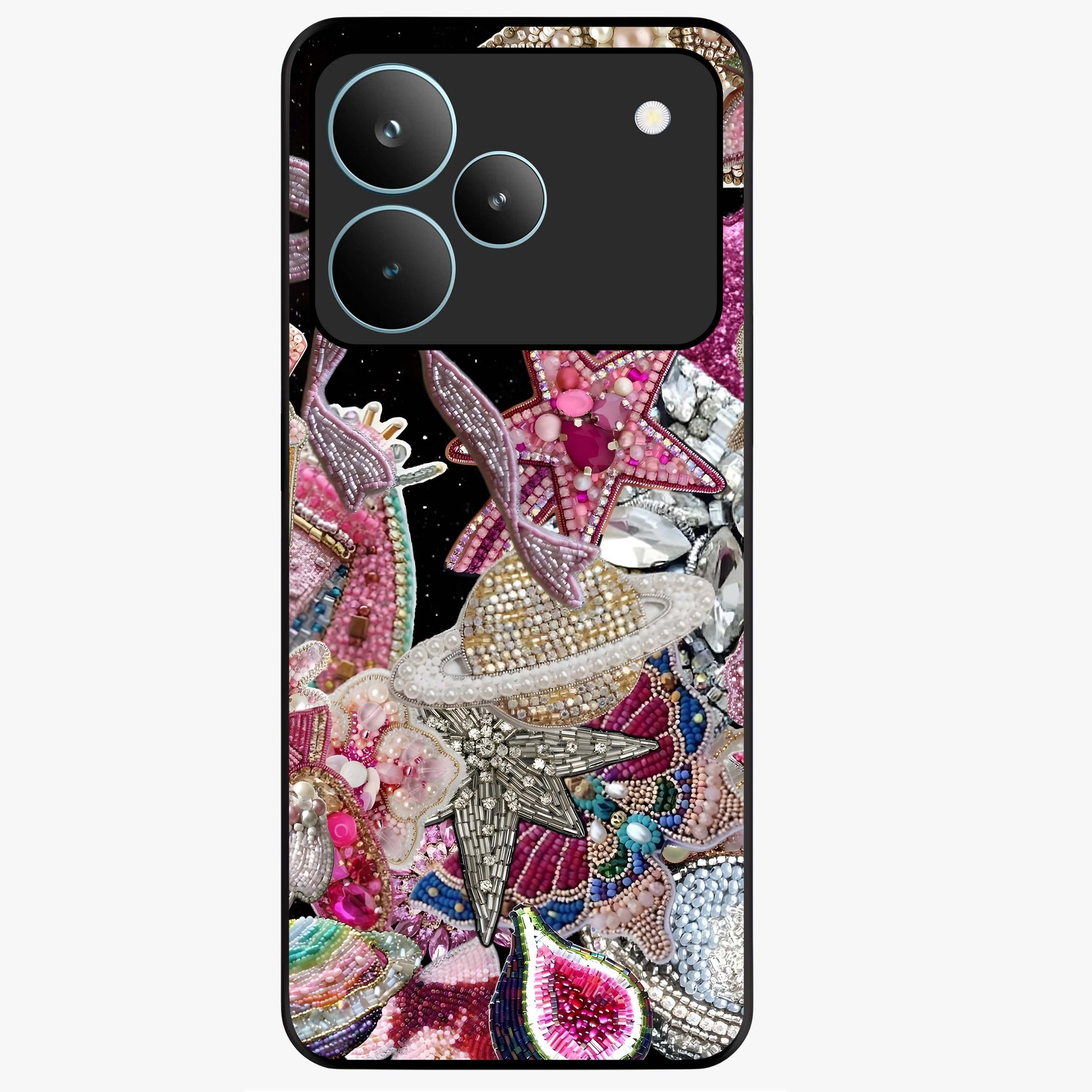 Starlit Jewel Dream Glass Case showing flat back view with sparkling jewel and star themed artwork and glossy glass finish.