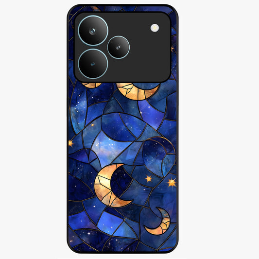 Starlit Sky Tapestry Glass Case showing flat back view with decorative starry sky tapestry artwork and glossy glass finish.