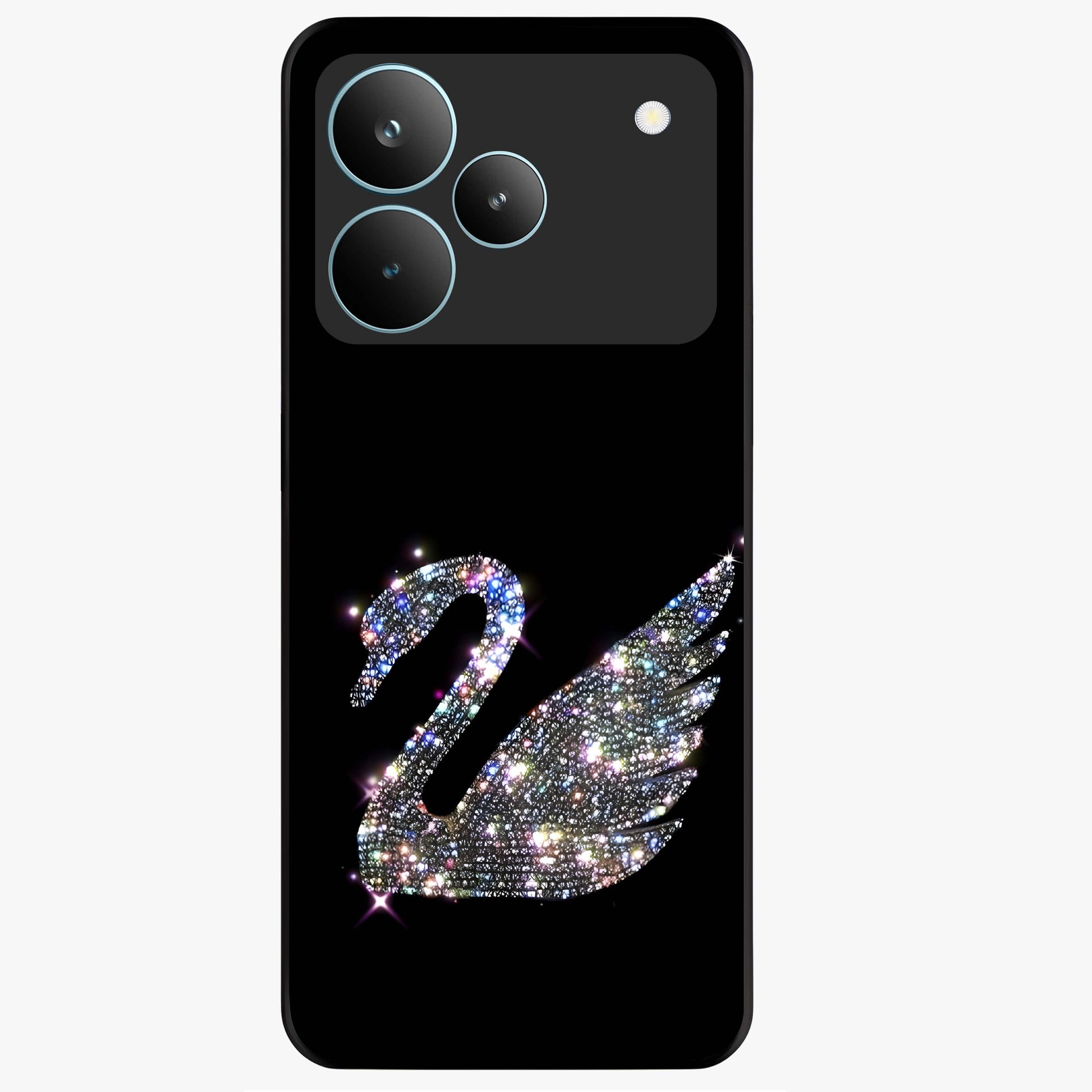 Starlit Swan Grace Glass Case showing flat back view with graceful swan artwork under starry sky and glossy glass finish.