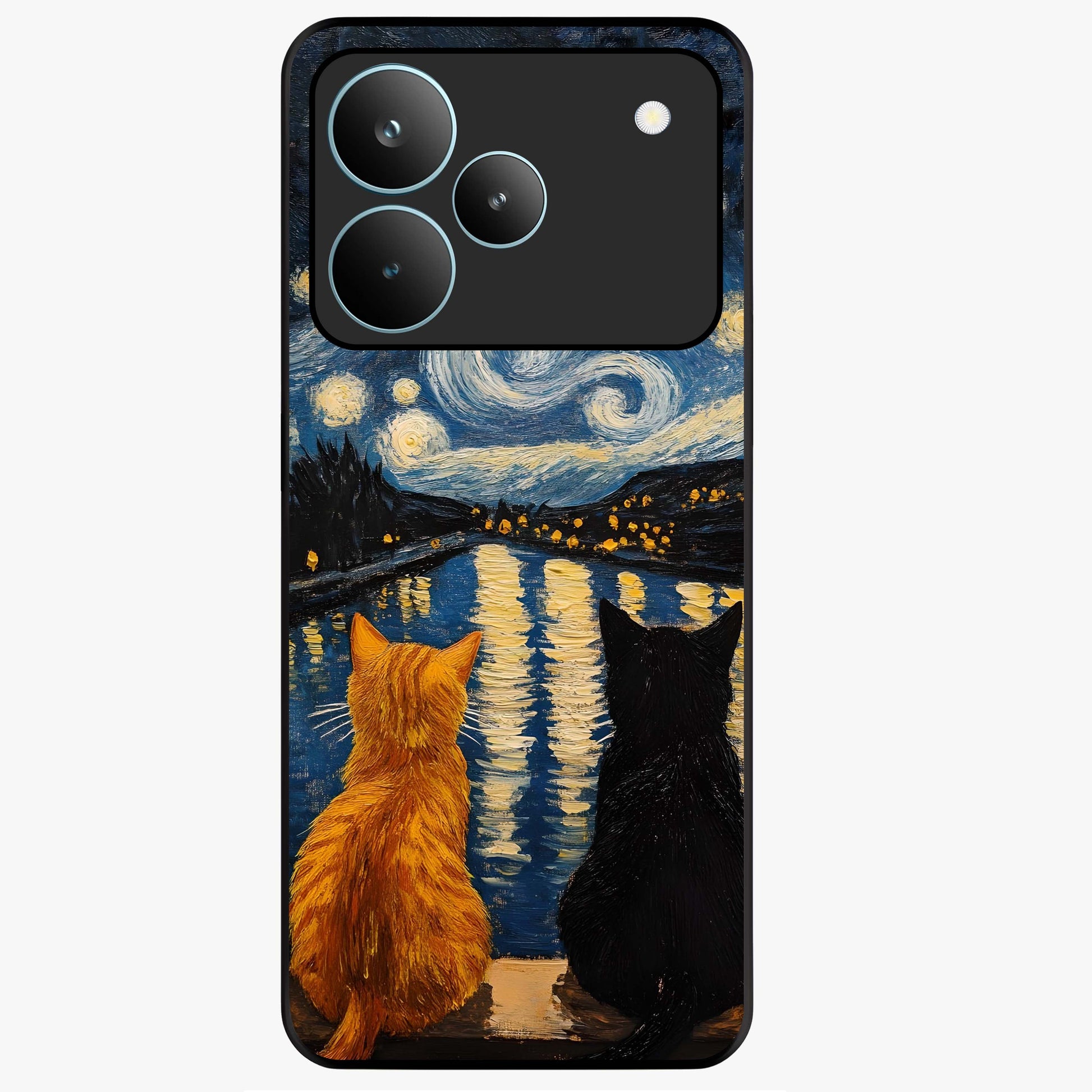 Starry River Cats Glass Case showing flat back view with cats by a starry river artwork and glossy glass finish.
