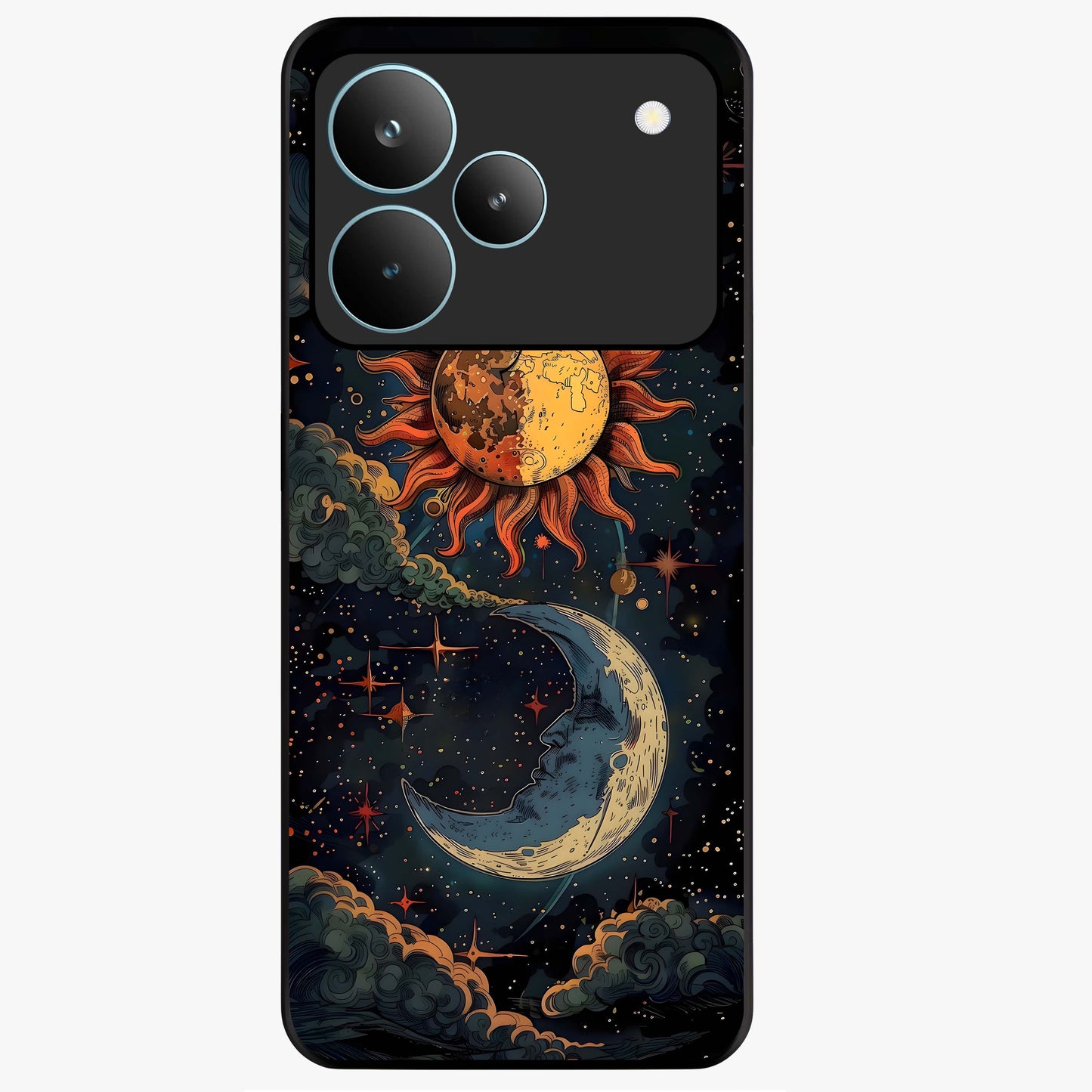 Sun And Moon Magic Design Glass Case showing flat back view with mystical sun and moon artwork and glossy glass finish.