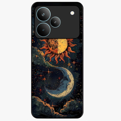Sun And Moon Magic Design Glass Case showing flat back view with mystical sun and moon artwork and glossy glass finish.