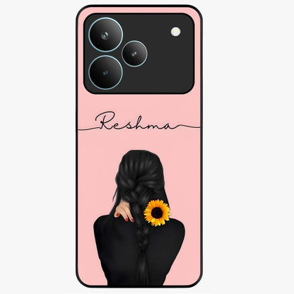 Sunflower Braid Beauty With Custom Name Glass Case showing flat back view with sunflower braid artwork and personalized name design.