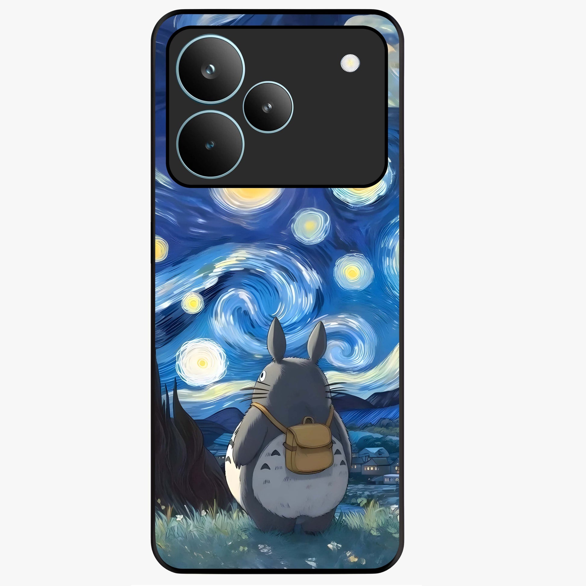 Totoro In Van Gogh Art Glass Case showing flat back view with whimsical character artwork inspired by Van Gogh style and glossy glass finish.